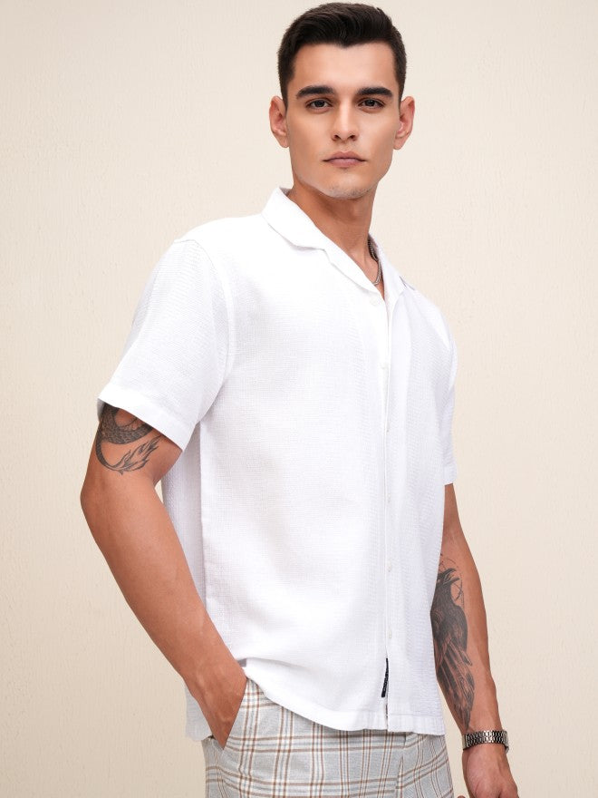 Highlander Men White Textured Relaxed Fit Casual Shirt - White - Image 6