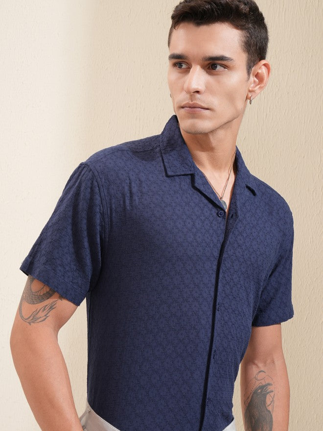 Highlander Men Navy Blue Textured Relaxed Fit Casual Shirt - Navy Blue - Image 1