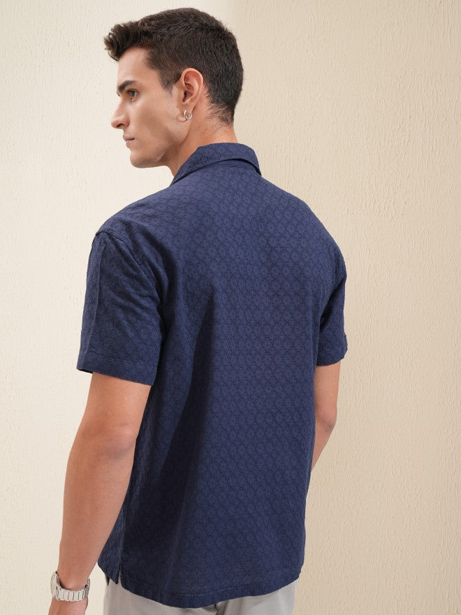 Highlander Men Navy Blue Textured Relaxed Fit Casual Shirt - Navy Blue - Image 3