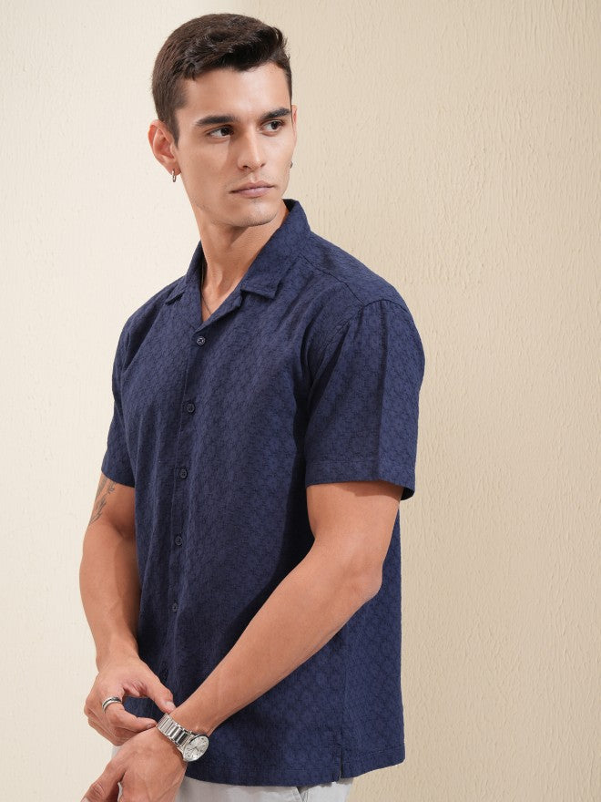 Highlander Men Navy Blue Textured Relaxed Fit Casual Shirt - Navy Blue - Image 4