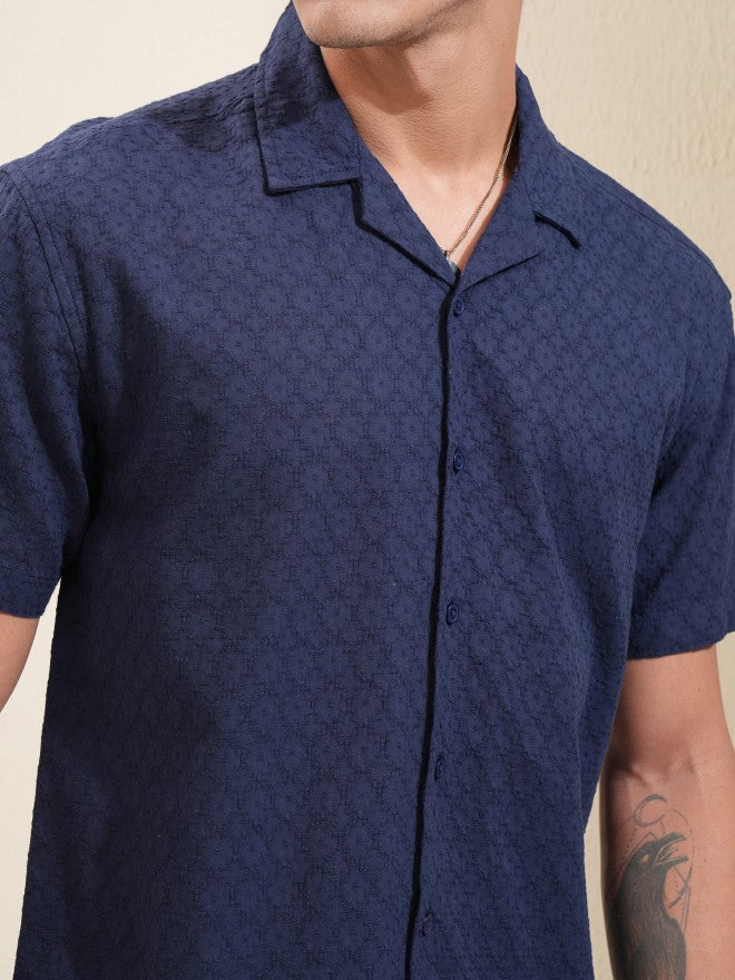 Highlander Men Navy Blue Textured Relaxed Fit Casual Shirt - Navy Blue - Image 5