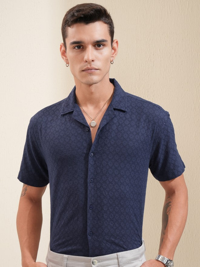 Highlander Men Navy Blue Textured Relaxed Fit Casual Shirt - Navy Blue - Image 6