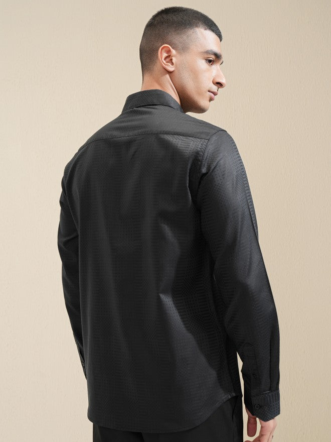 Highlander Men Black Textured Slim Fit Casual Shirt - Black - Image 3
