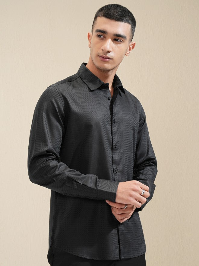 Highlander Men Black Textured Slim Fit Casual Shirt - Black - Image 6