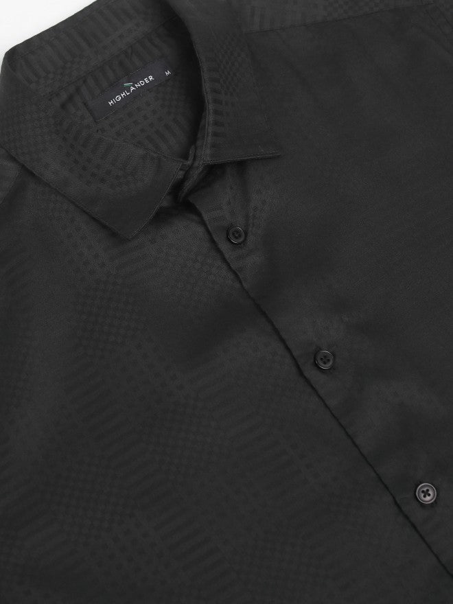 Highlander Men Black Textured Slim Fit Casual Shirt - Black - Image 8