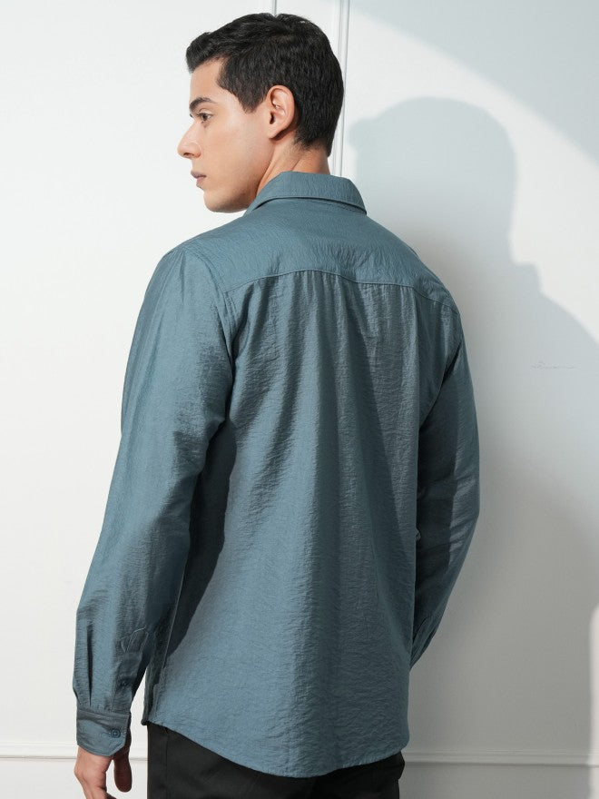 Highlander Men Teal Solid Slim Fit Casual Shirt - Teal - Image 3