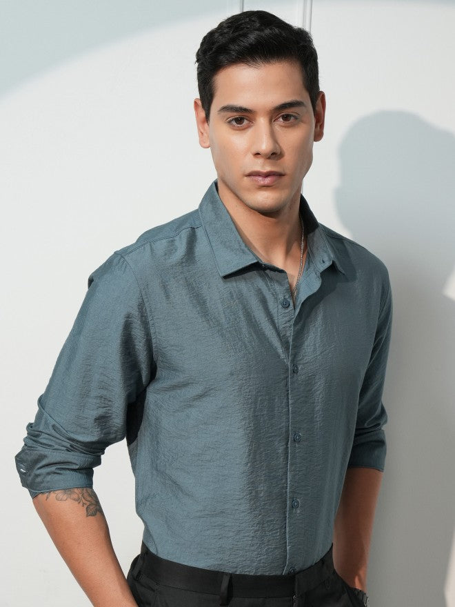 Highlander Men Teal Solid Slim Fit Casual Shirt - Teal - Image 6