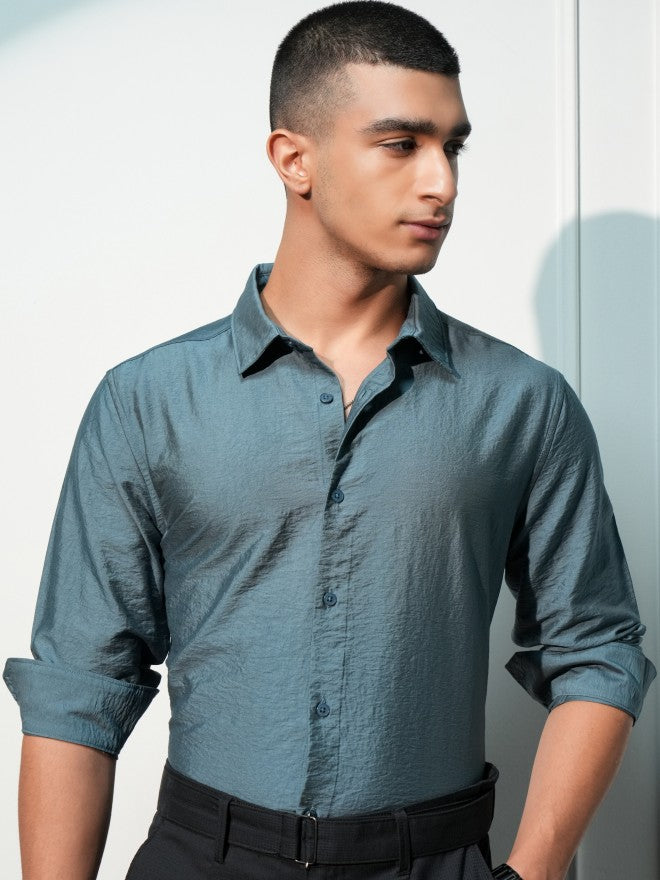 Highlander Men Teal Solid Slim Fit Casual Shirt - Teal - Image 1