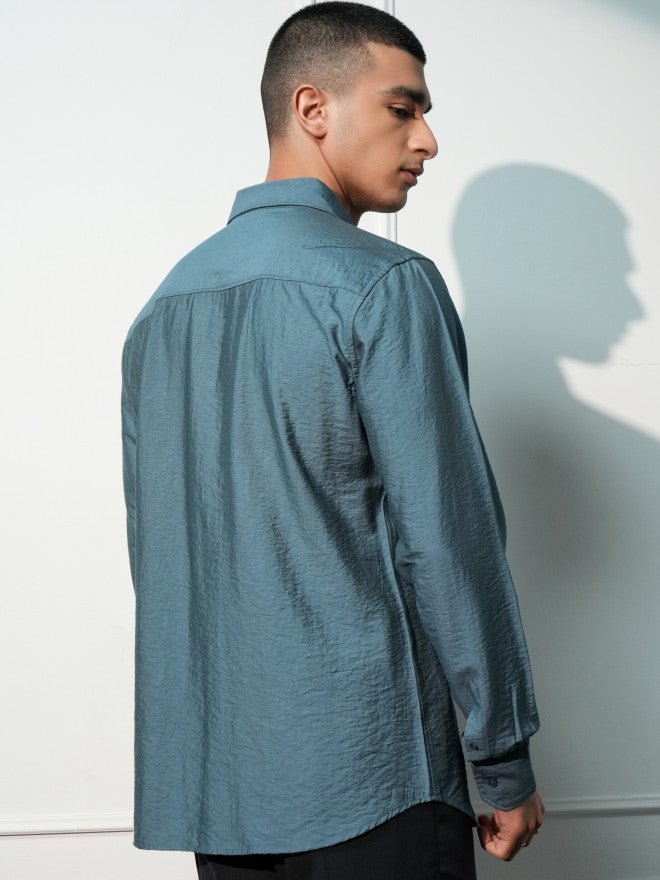 Highlander Men Teal Solid Slim Fit Casual Shirt - Teal - Image 3