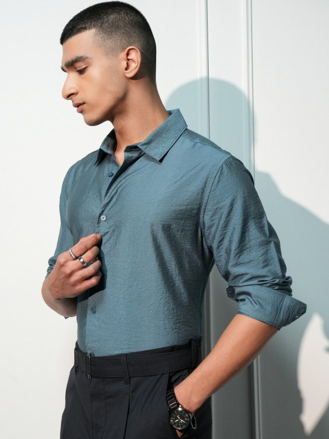 Highlander Men Teal Solid Slim Fit Casual Shirt - Teal - Image 4