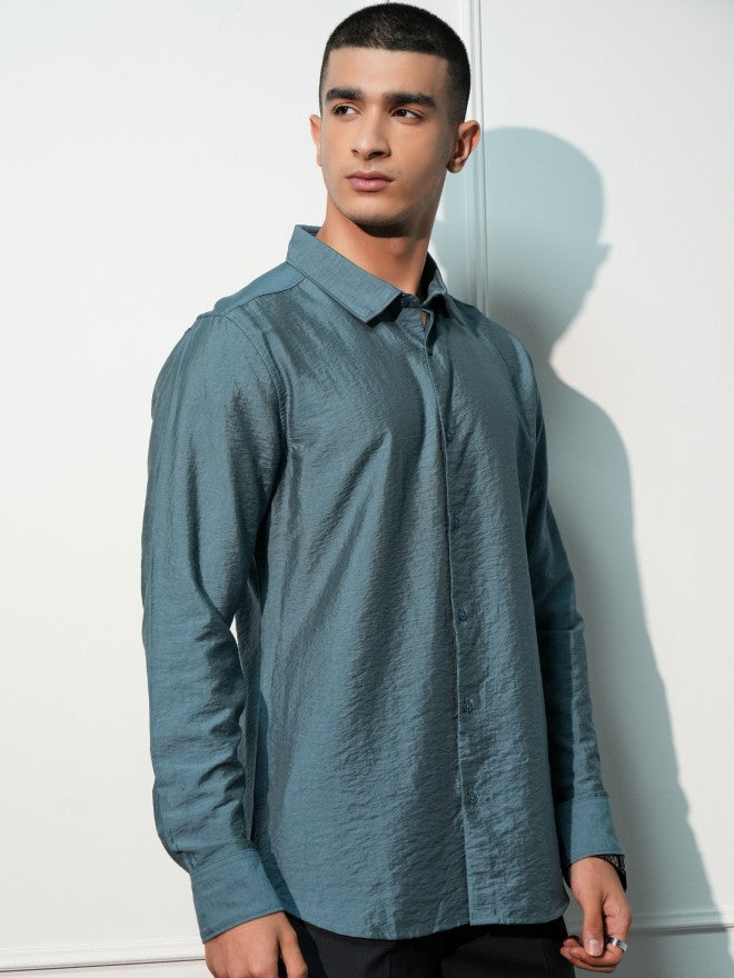 Highlander Men Teal Solid Slim Fit Casual Shirt - Teal - Image 6