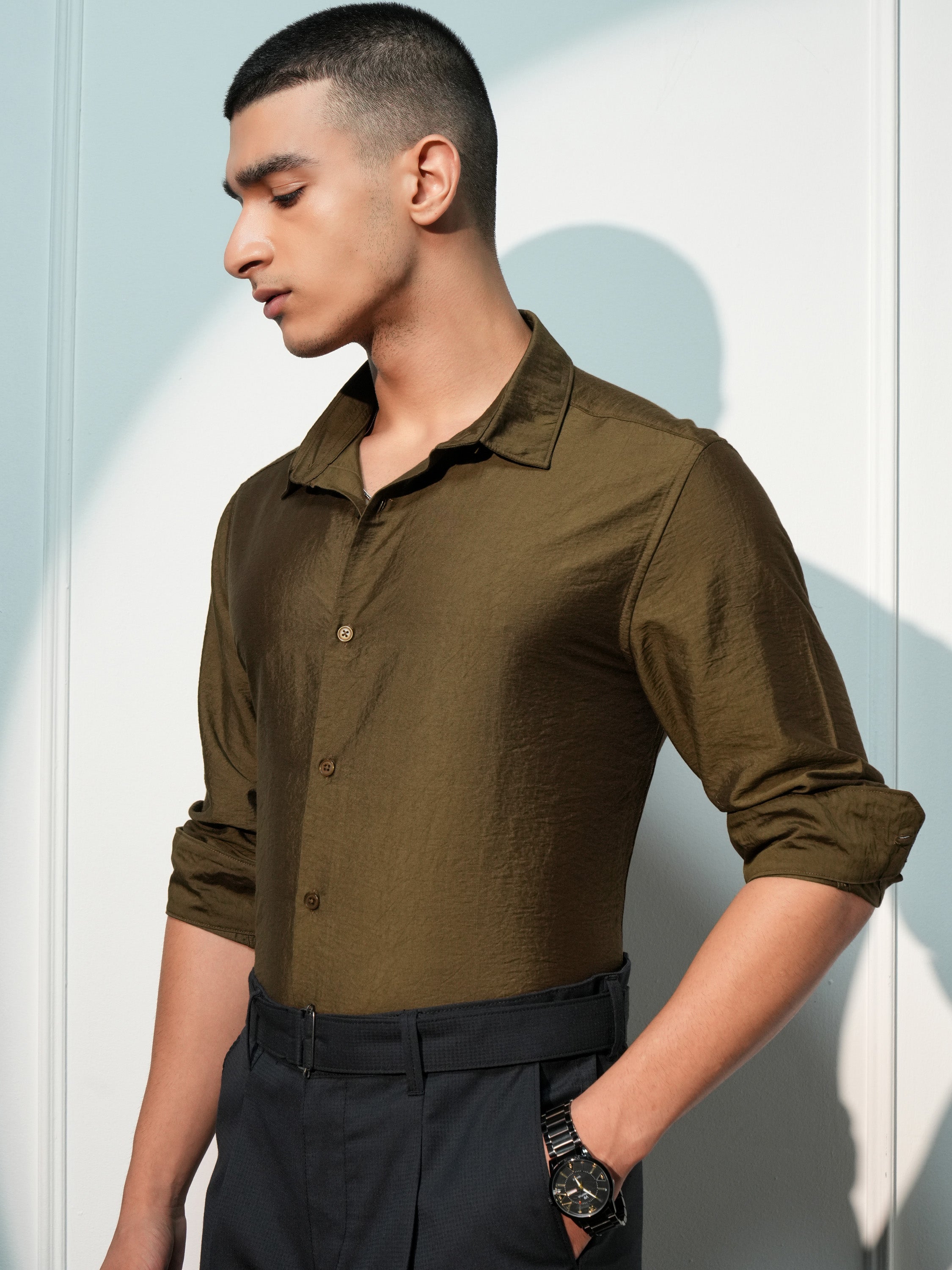 Highlander Men Brown Solid Slim Fit Casual Shirt - Brown - Image 4