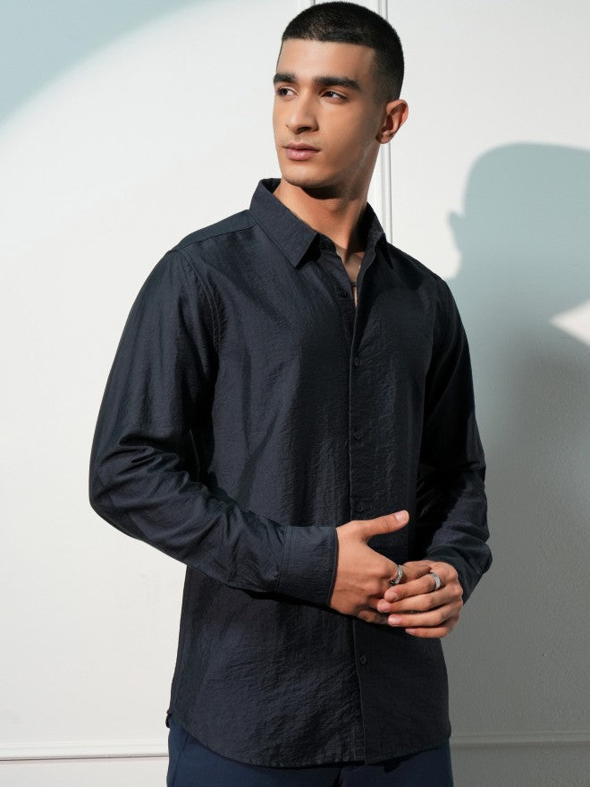 Highlander Men Navy Blue Solid Slim Fit Casual Shirt - Navy Blue - Image 6