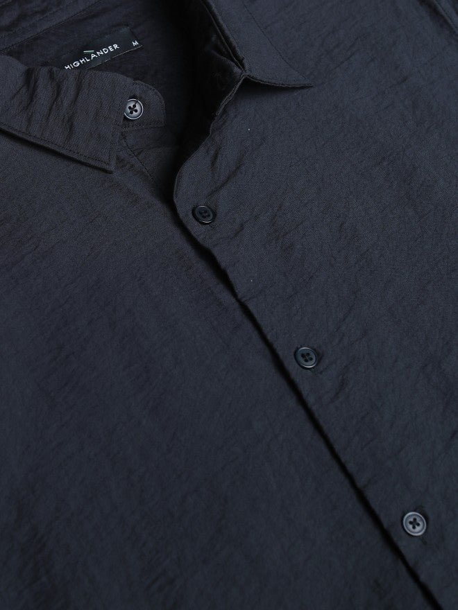 Highlander Men Navy Blue Solid Slim Fit Casual Shirt - Navy Blue - Image 7