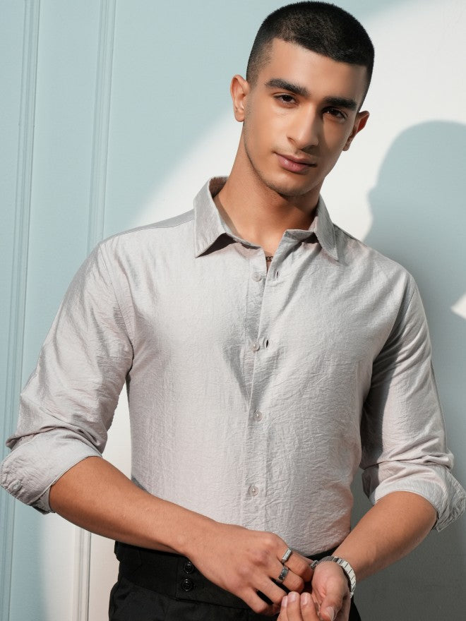 Highlander Men Grey Solid Slim Fit Casual Shirt - Grey - Image 1