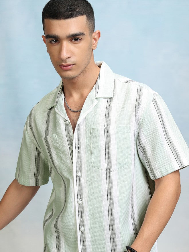 Highlader Men Green Striped Relaxed Fit Casual Shirt - Green - Image 1