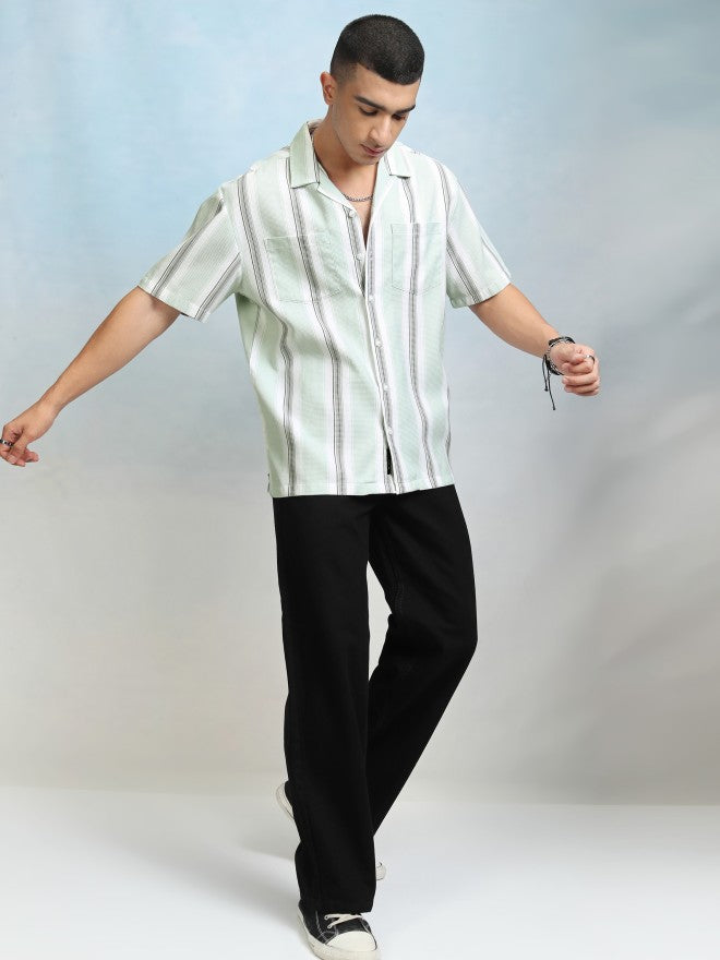 Highlader Men Green Striped Relaxed Fit Casual Shirt - Green - Image 2