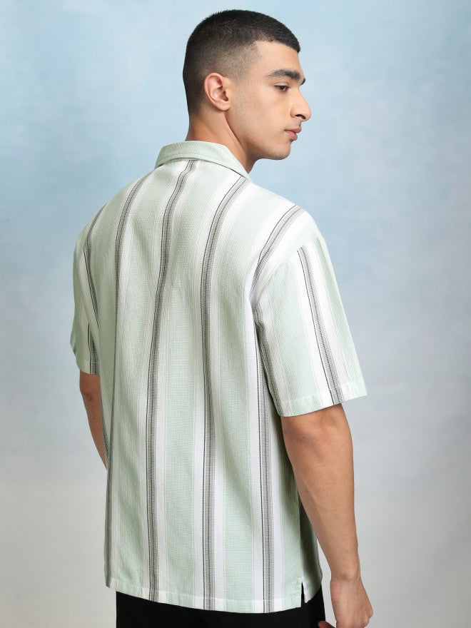 Highlader Men Green Striped Relaxed Fit Casual Shirt - Green - Image 3