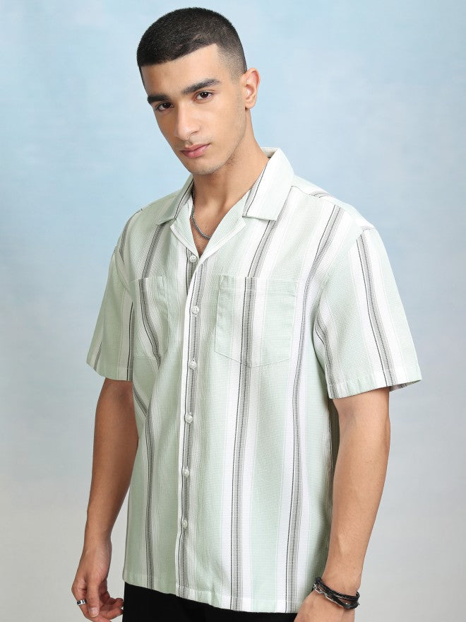 Highlader Men Green Striped Relaxed Fit Casual Shirt - Green - Image 4