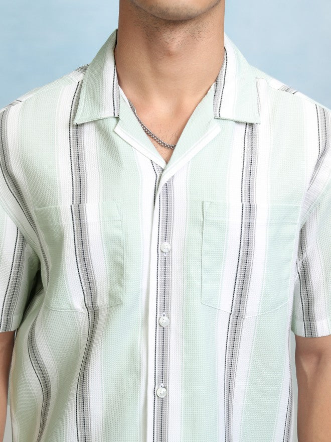 Highlader Men Green Striped Relaxed Fit Casual Shirt - Green - Image 5