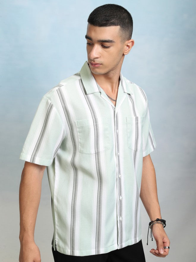 Highlader Men Green Striped Relaxed Fit Casual Shirt - Green - Image 6
