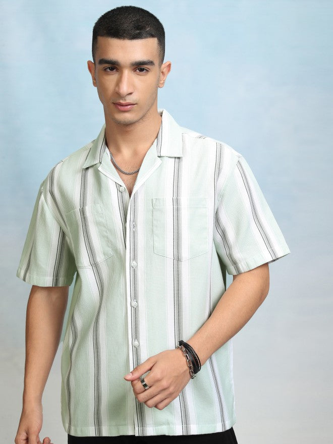 Highlader Men Green Striped Relaxed Fit Casual Shirt - Green - Image 8