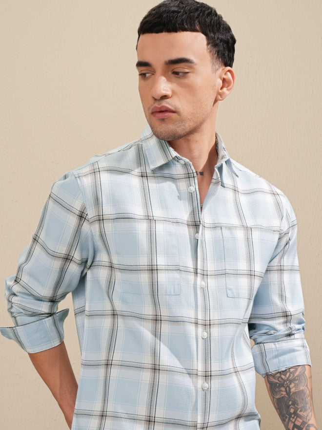 Highlander Men Blue Checked Relaxed Fit Casual Shirt - Blue - Image 1