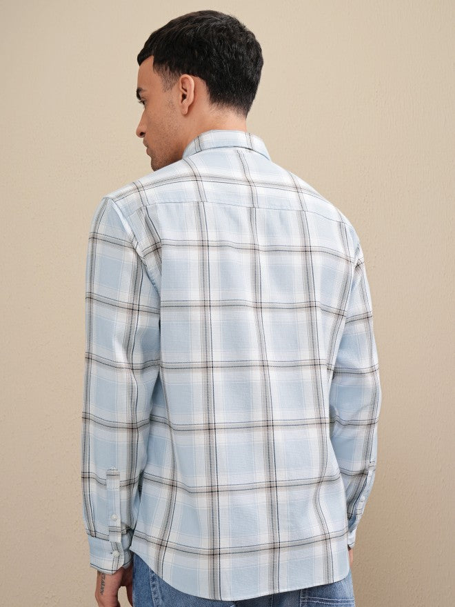 Highlander Men Blue Checked Relaxed Fit Casual Shirt - Blue - Image 3