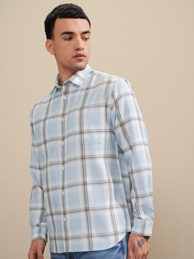 Highlander Men Blue Checked Relaxed Fit Casual Shirt - Blue - Image 4