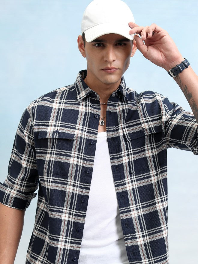 Highlander Men Navy Blue Checked Relaxed Fit Casual Shirt - Navy Blue - Image 1