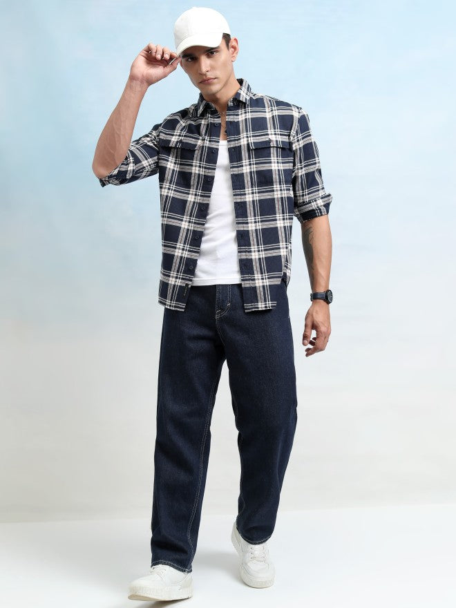 Highlander Men Navy Blue Checked Relaxed Fit Casual Shirt - Navy Blue - Image 2