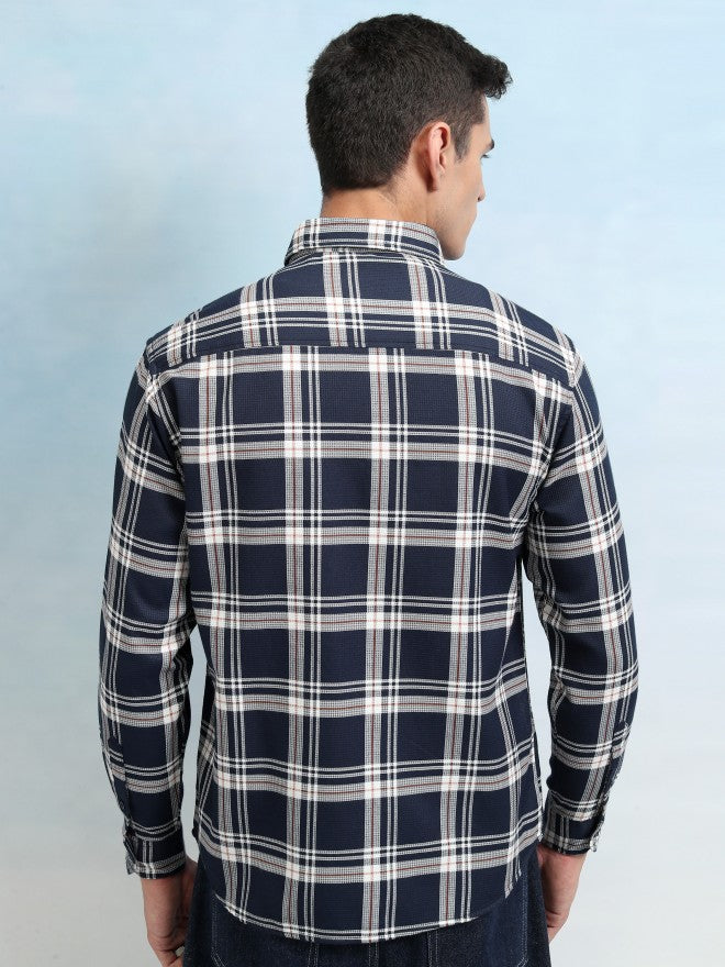 Highlander Men Navy Blue Checked Relaxed Fit Casual Shirt - Navy Blue - Image 3