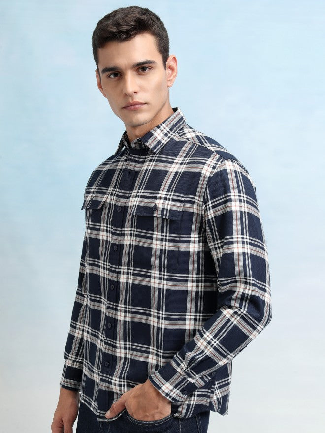Highlander Men Navy Blue Checked Relaxed Fit Casual Shirt - Navy Blue - Image 4