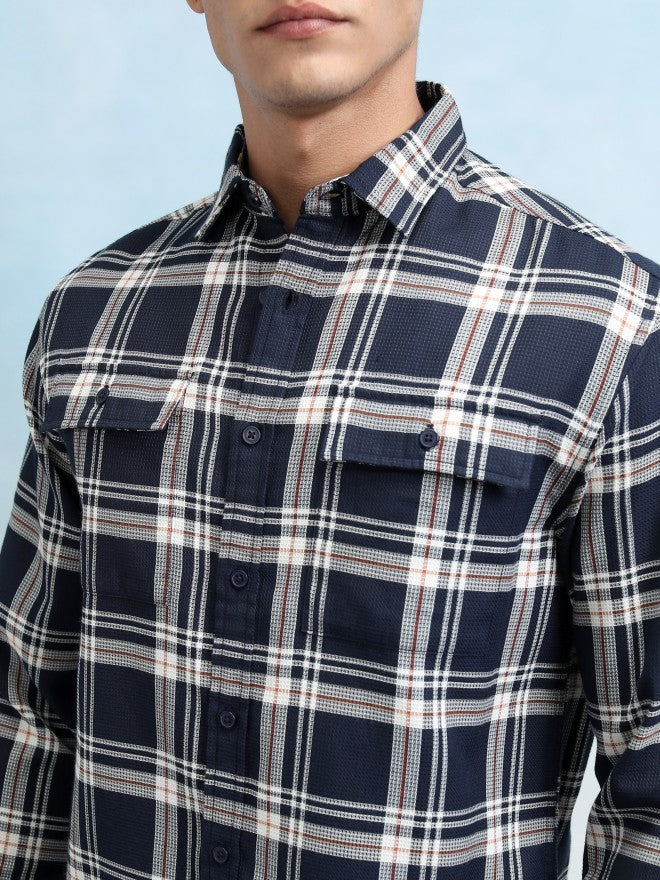 Highlander Men Navy Blue Checked Relaxed Fit Casual Shirt - Navy Blue - Image 5