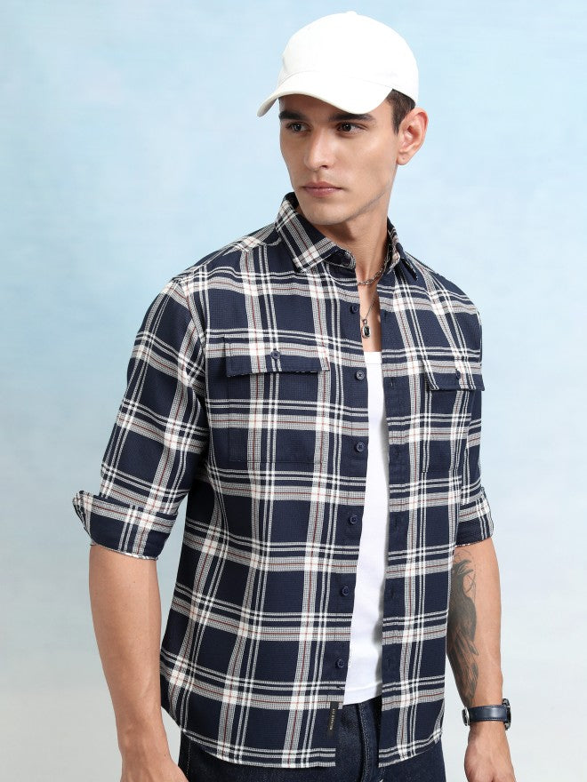 Highlander Men Navy Blue Checked Relaxed Fit Casual Shirt - Navy Blue - Image 6