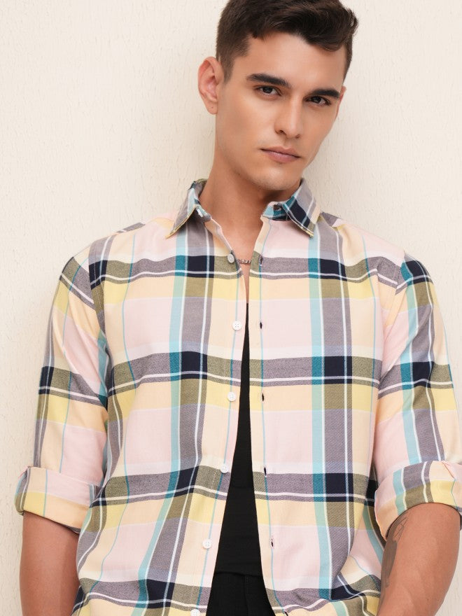 Highlander Men Peach Checked Regular Fit Casual Shirt - Peach - Image 1