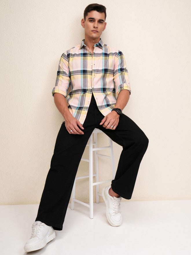Highlander Men Peach Checked Regular Fit Casual Shirt - Peach - Image 2