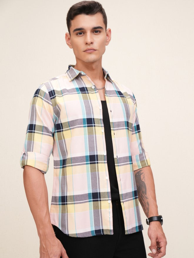 Highlander Men Peach Checked Regular Fit Casual Shirt - Peach - Image 6