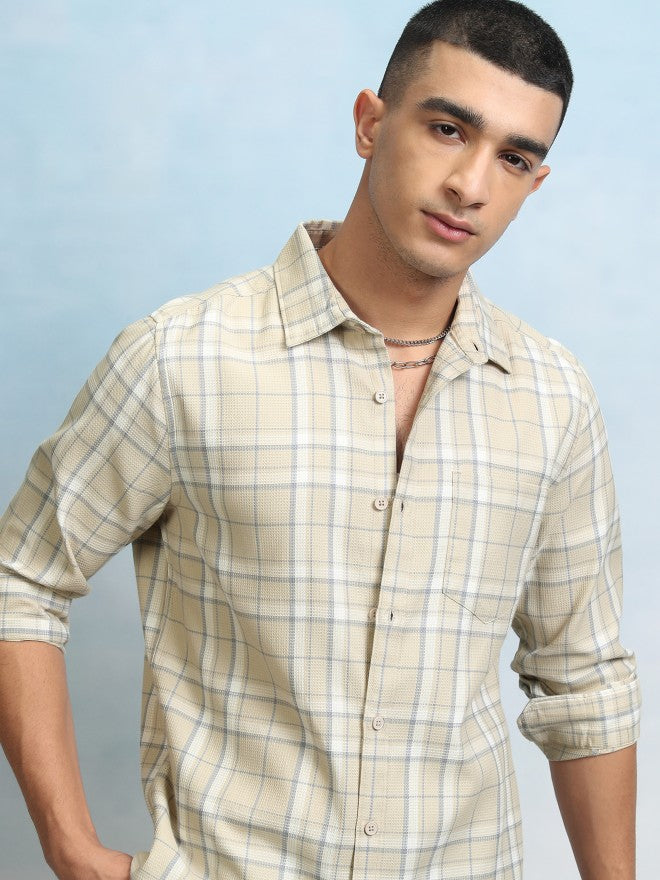 Highlader Men Beige Checked Regular Fit Casual Shirt - Beige - Image 1
