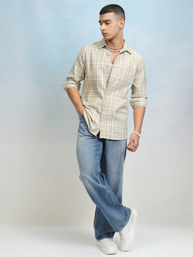 Highlader Men Beige Checked Regular Fit Casual Shirt - Beige - Image 2