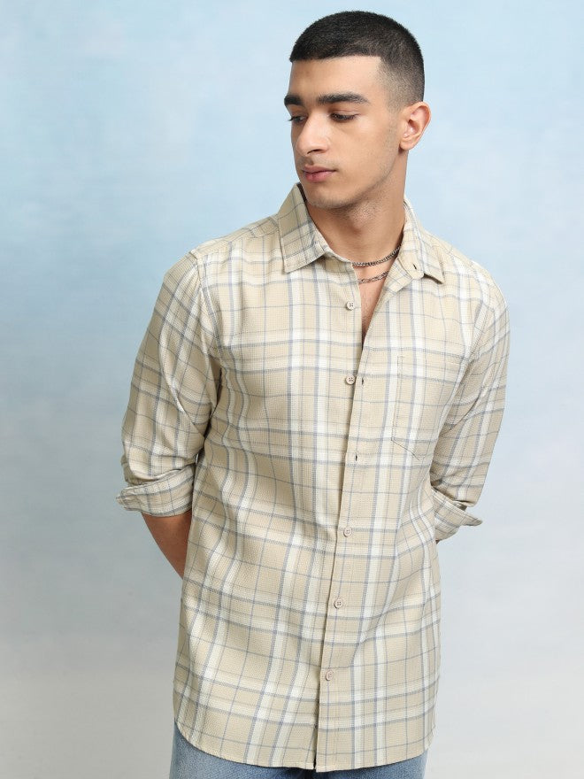 Highlader Men Beige Checked Regular Fit Casual Shirt - Beige - Image 7