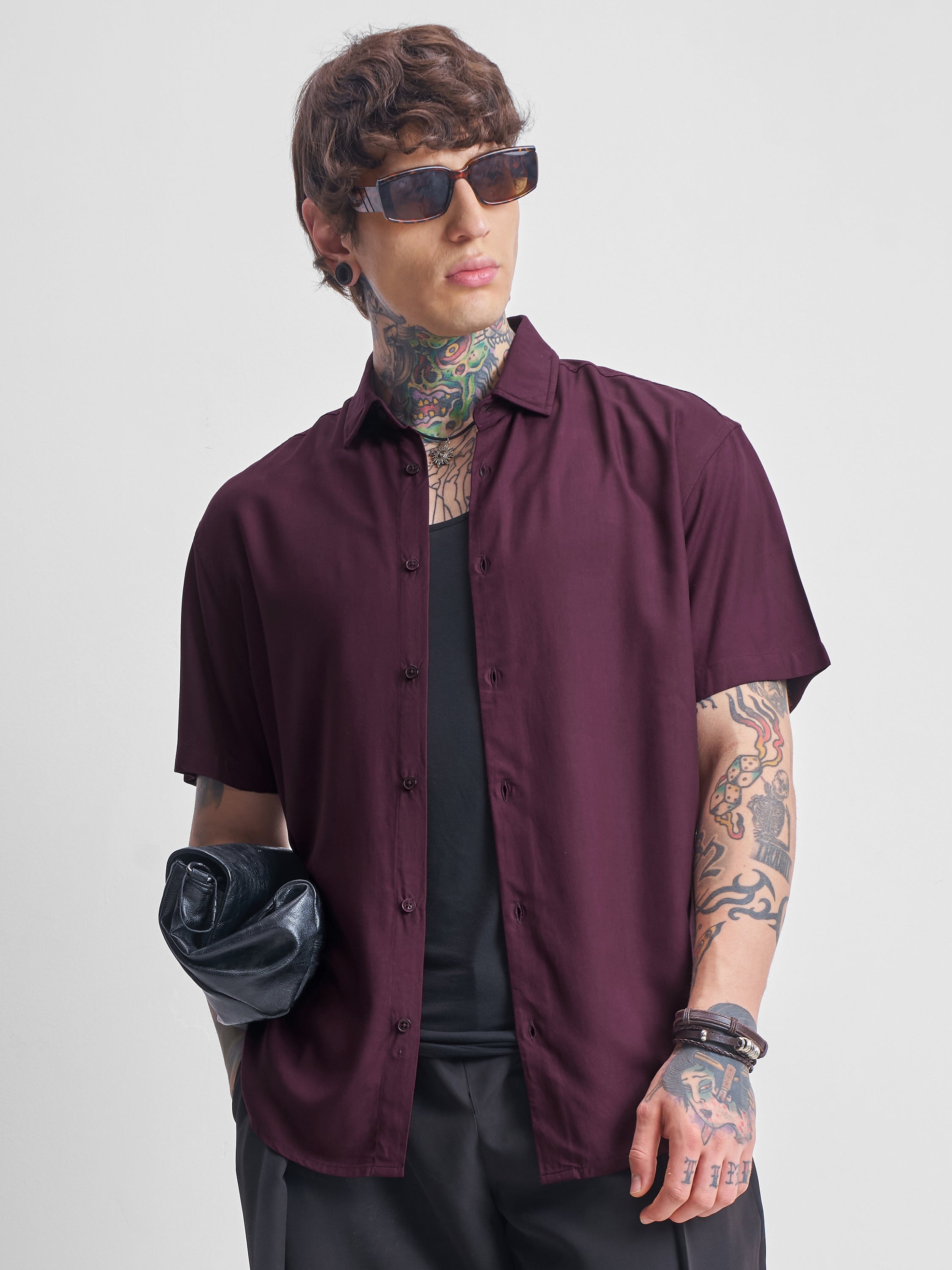 Highlander Men Burgundy Solid Relaxed Fit Casual Shirt - Burgundy - Image 1
