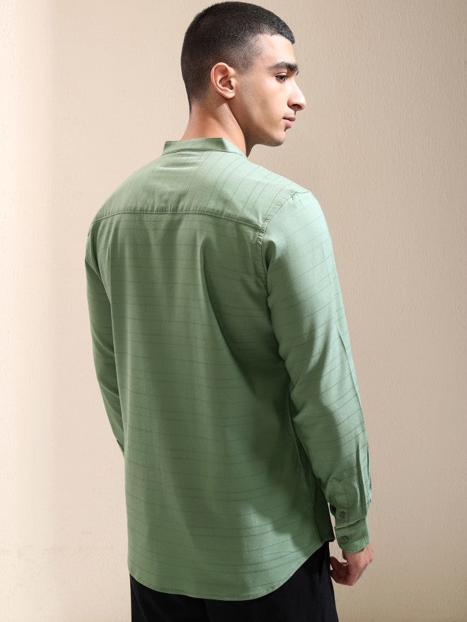 Highlander Men Green Striped Regular Fit Casual Shirt - Green - Image 3