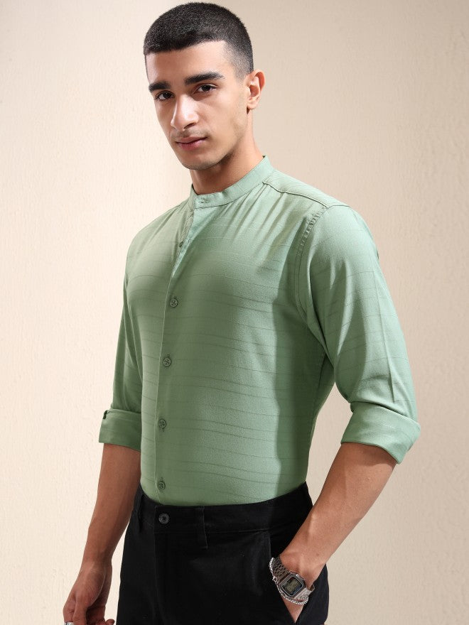 Highlander Men Green Striped Regular Fit Casual Shirt - Green - Image 4