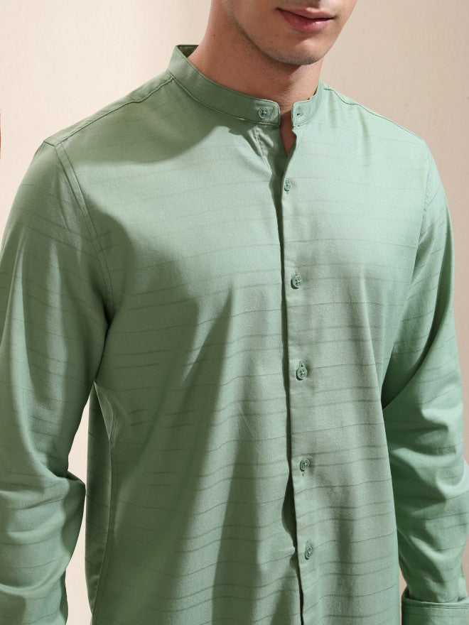 Highlander Men Green Striped Regular Fit Casual Shirt - Green - Image 5