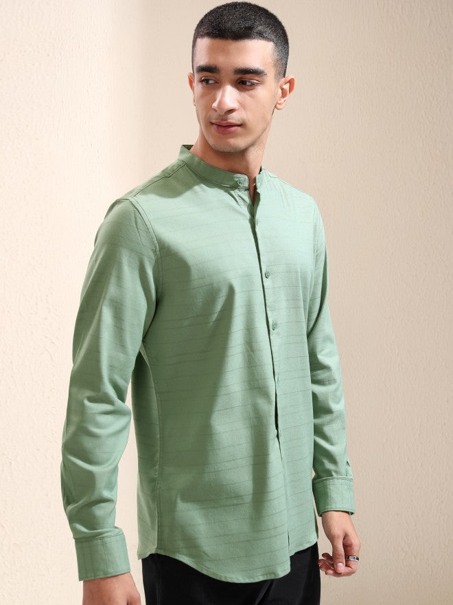 Highlander Men Green Striped Regular Fit Casual Shirt - Green - Image 6