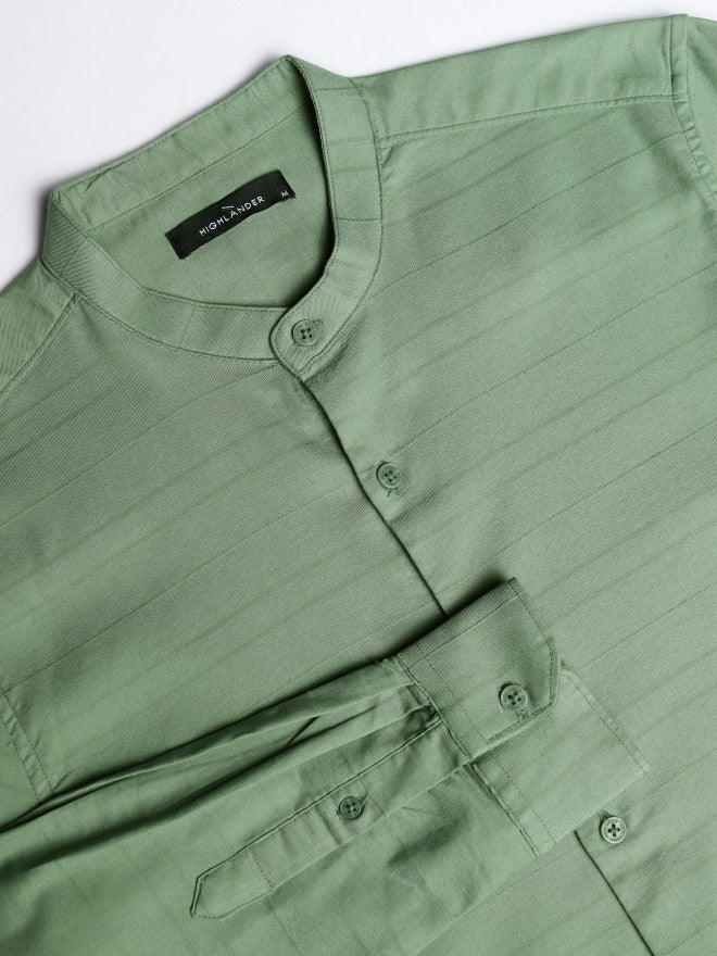 Highlander Men Green Striped Regular Fit Casual Shirt - Green - Image 7
