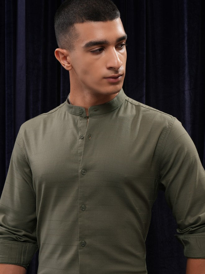 Highlander Men Olive Striped Regular Fit Casual Shirt - Olive - Image 1