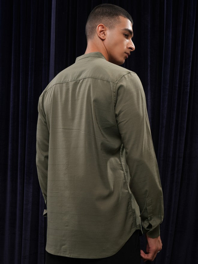 Highlander Men Olive Striped Regular Fit Casual Shirt - Olive - Image 3