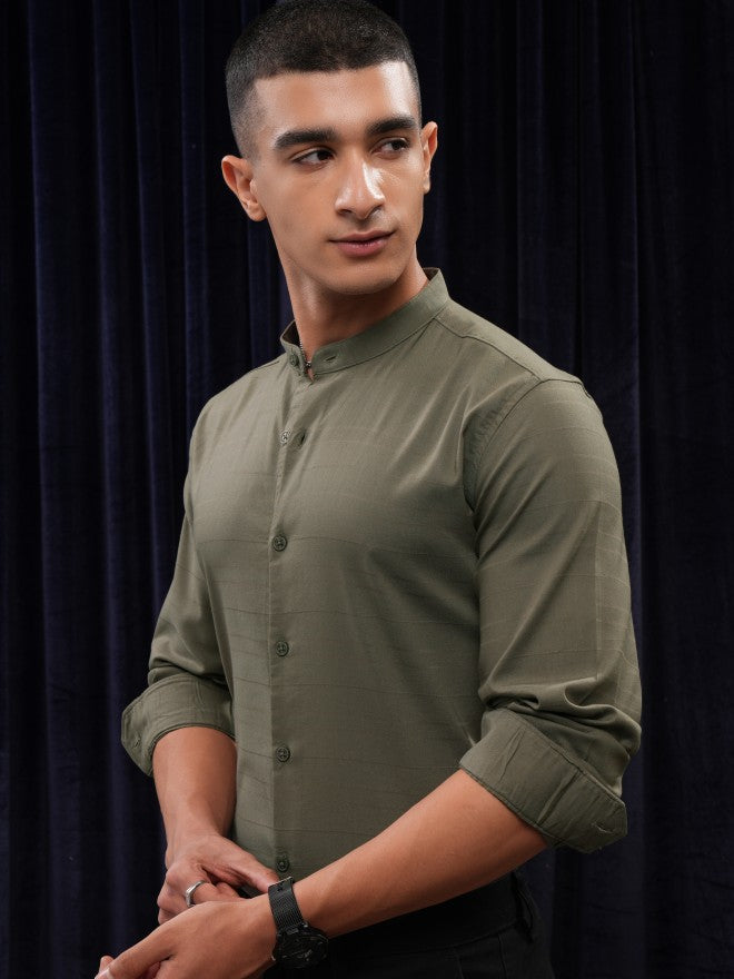 Highlander Men Olive Striped Regular Fit Casual Shirt - Olive - Image 4